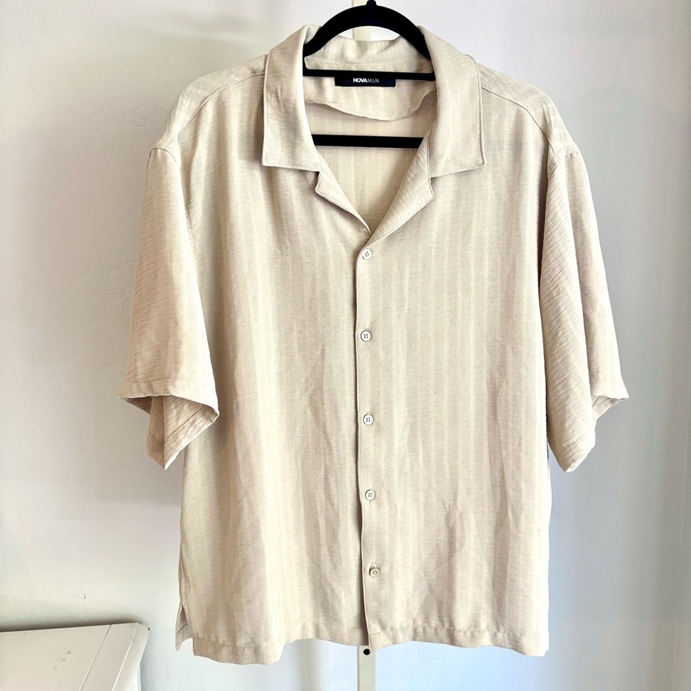 Nova Men Beige Short Sleeve Casual Collared Button Front Shirt, L